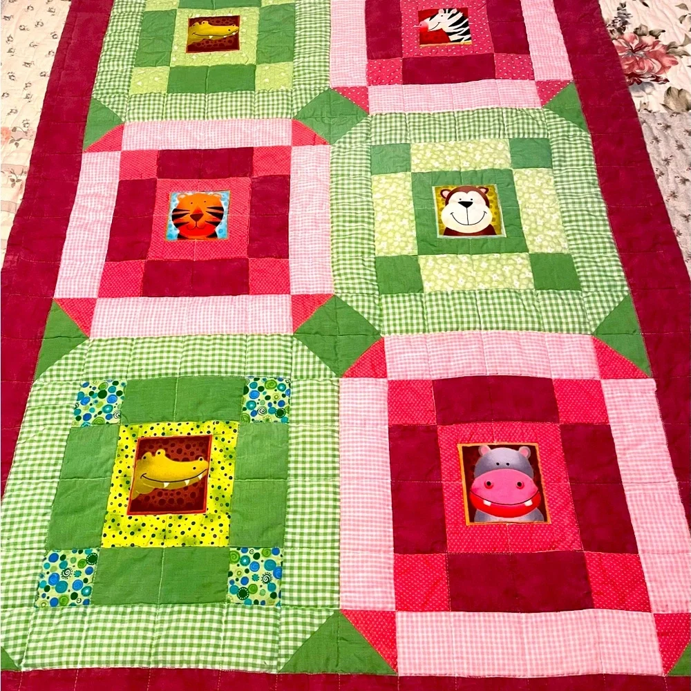 Baby/Child Handmade Quilt Pink Green Alligator Zebra Hippo Tiger Monkey